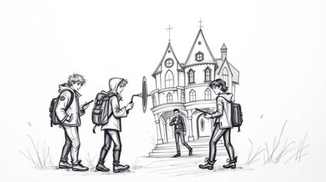 A captivating hand-drawn sketch depicts a group of teenagers unraveling mysteries within a spooky haunted mansion.  The rough
