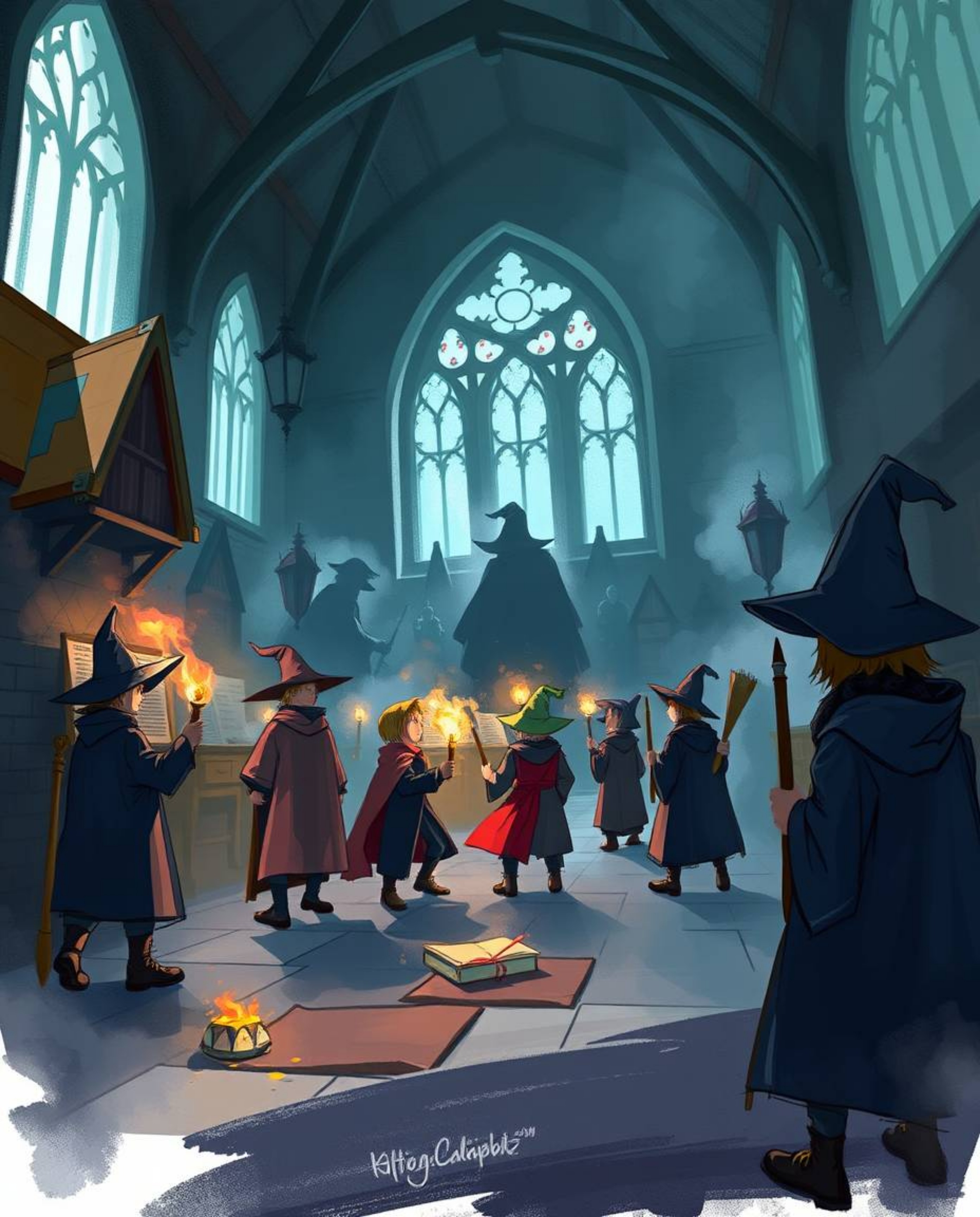 This digital sketch captures a magical school brimming with young wizards, rendered in a loose, painterly style.  The illustr