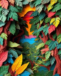 A sunset viewed through a dense jungle canopy is artistically rendered as a sculpture made from layered papier-mâché. The pie