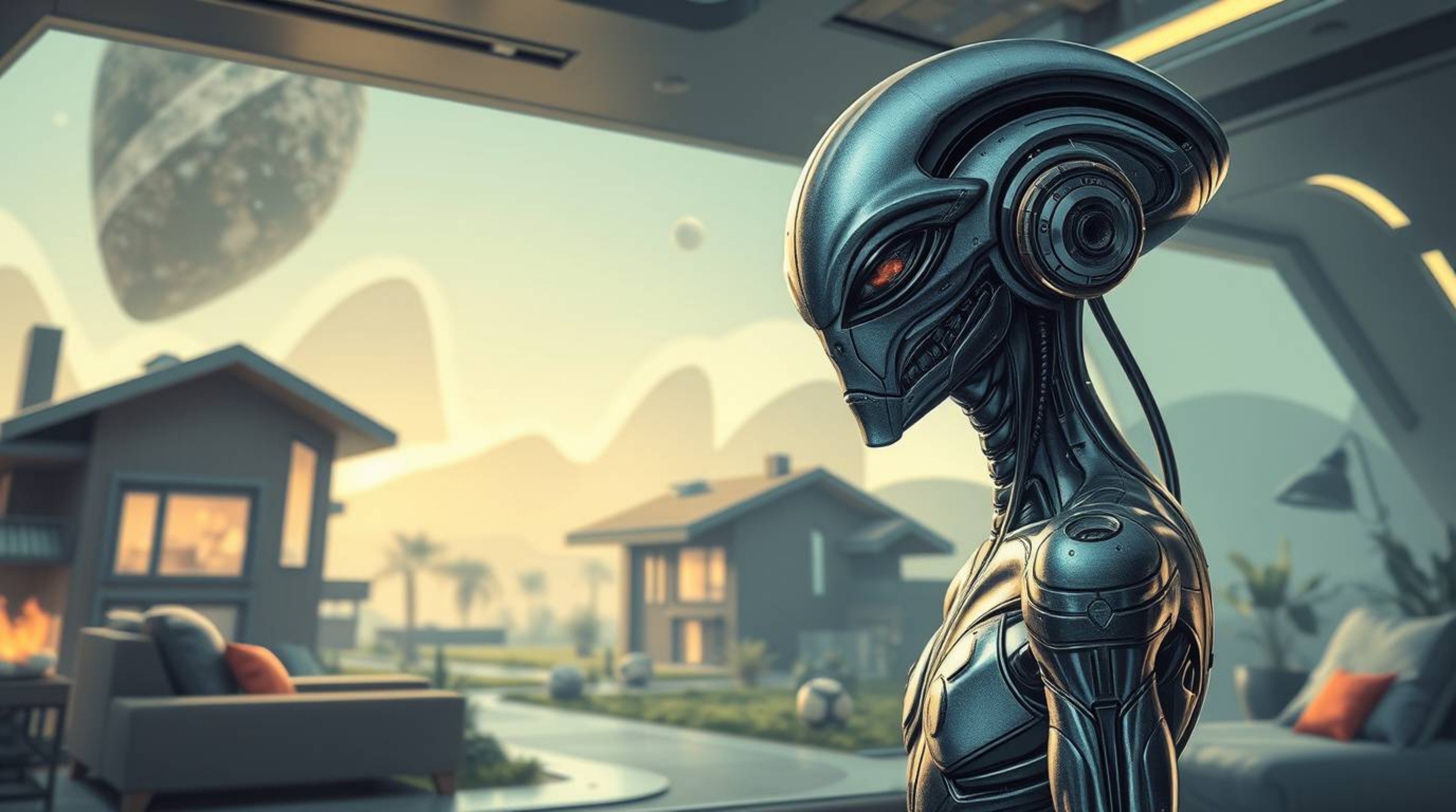This captivating illustration depicts a futuristic, sci-fi scene of an alien with metallic skin and advanced technology resid