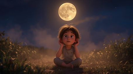In a warm, golden-lit cinematic photograph reminiscent of a Pixar animation, a curious, freckled-faced kid sits on a misty, m