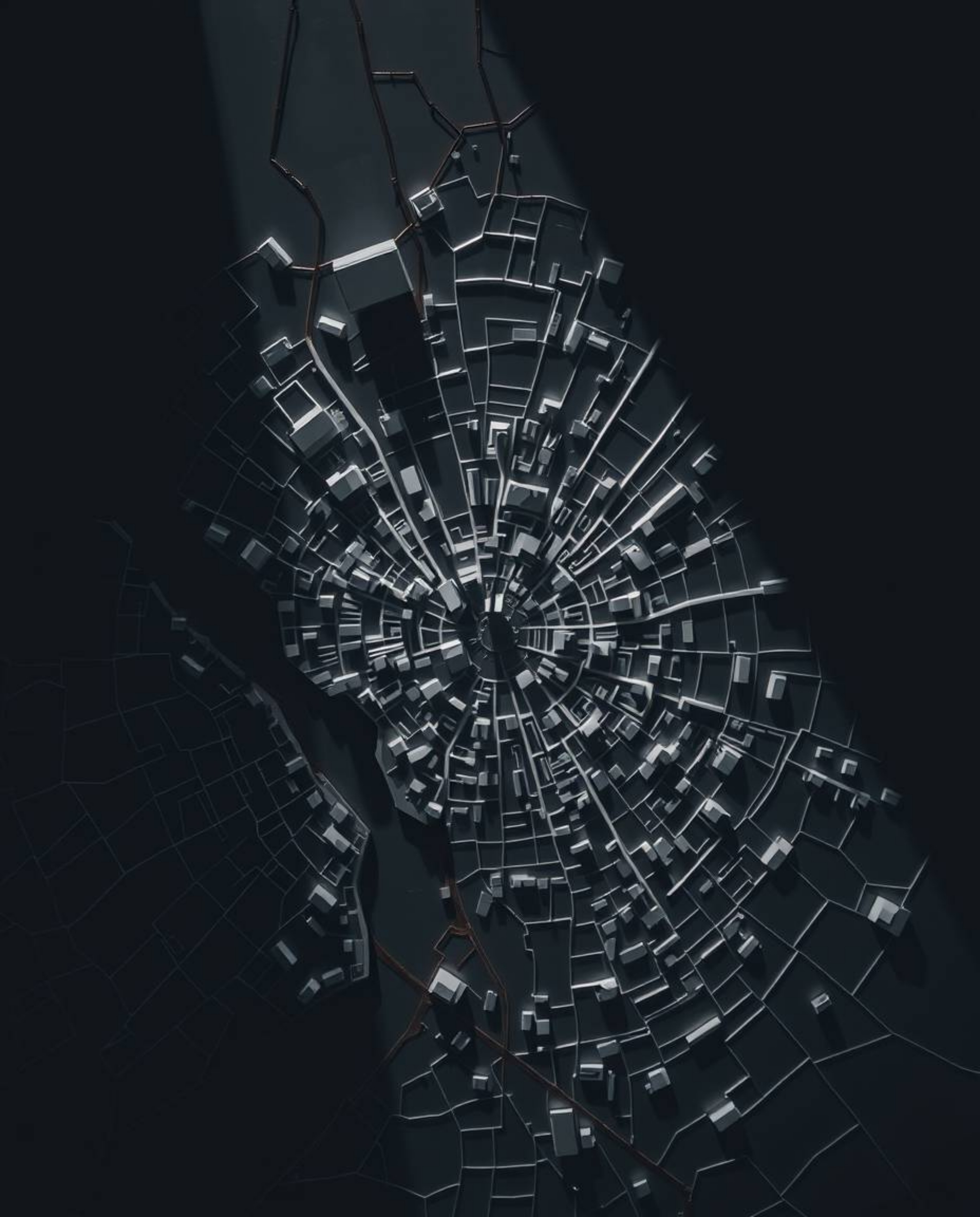 This image presents an abstract city map composed of geometric shapes, captured in a high-contrast, low-key photograph from a