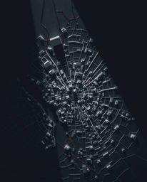 This image presents an abstract city map composed of geometric shapes, captured in a high-contrast, low-key photograph from a