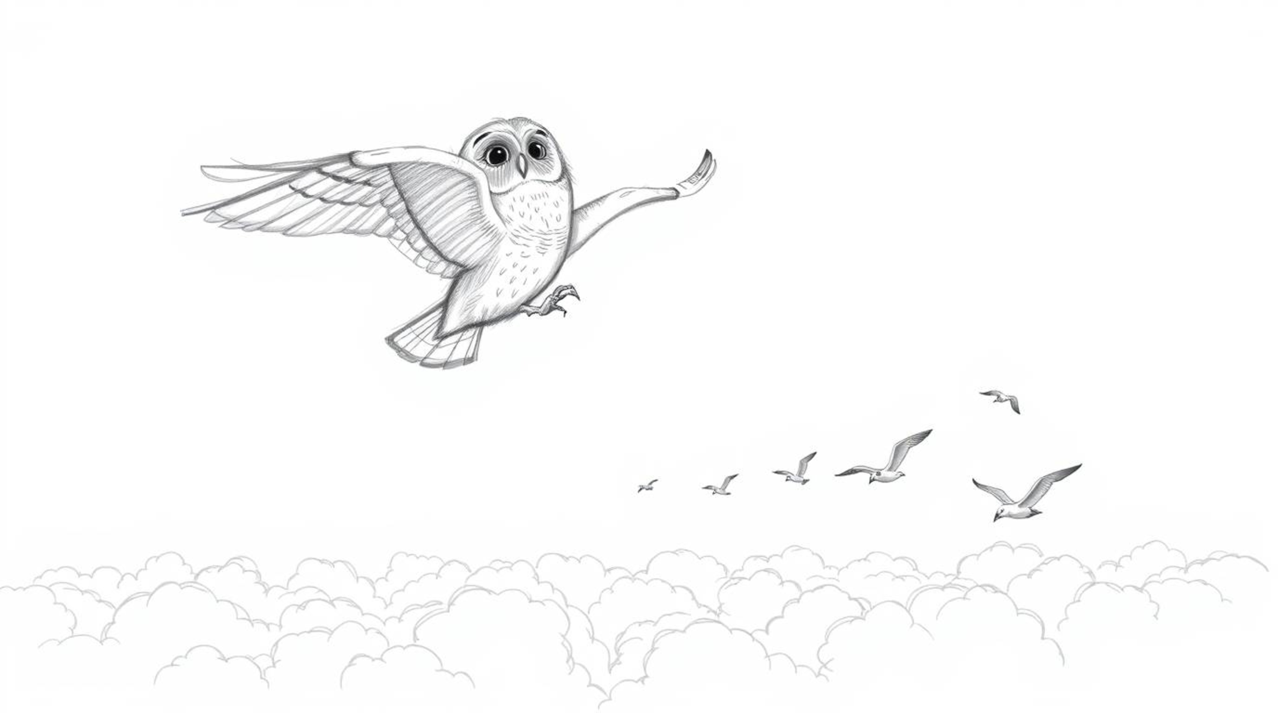 A whimsical hand-drawn pencil sketch portrays a blind owl, rendered in a delightful Pixar style, soaring majestically above a