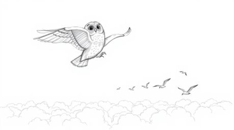 A whimsical hand-drawn pencil sketch portrays a blind owl, rendered in a delightful Pixar style, soaring majestically above a