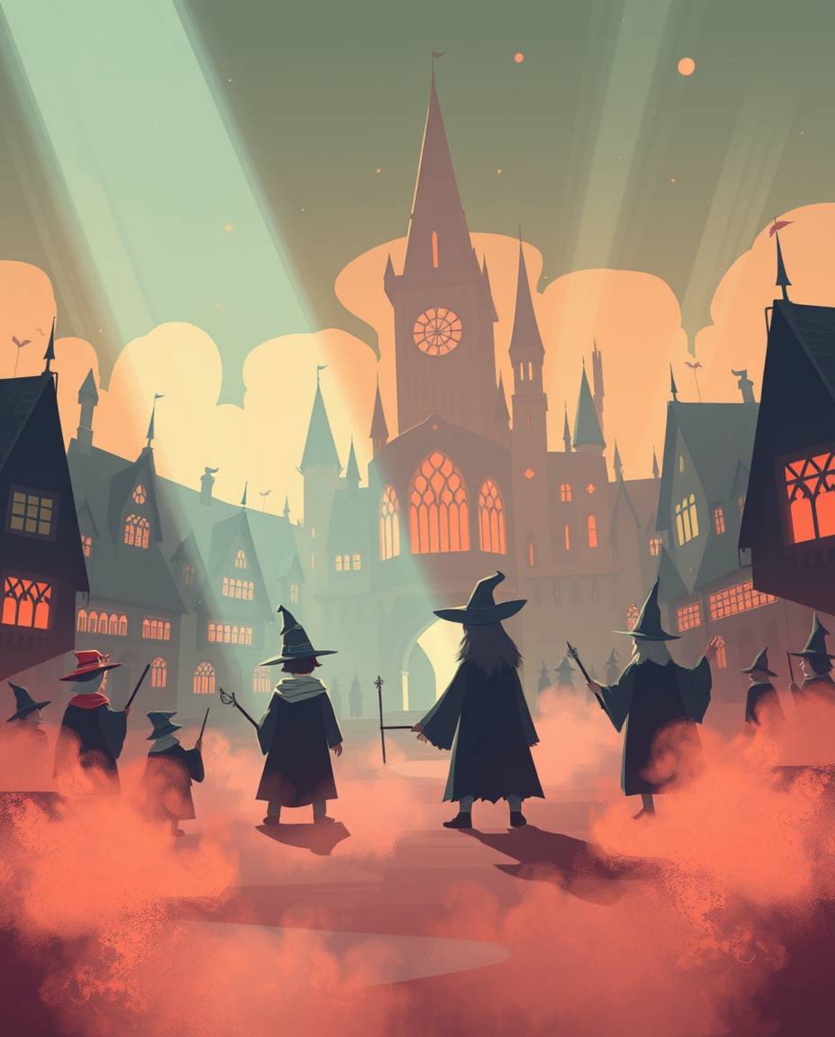 Explore a surreal, infrared-toned illustration of a magical school teeming with young wizards. This modern flat design showca