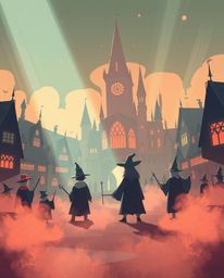 Explore a surreal, infrared-toned illustration of a magical school teeming with young wizards. This modern flat design showca