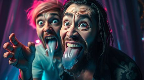 This artwork depicts a hilarious gross-out comedy scene bathed in a rich, deep teal ethereal light.  Exaggerated expressions 