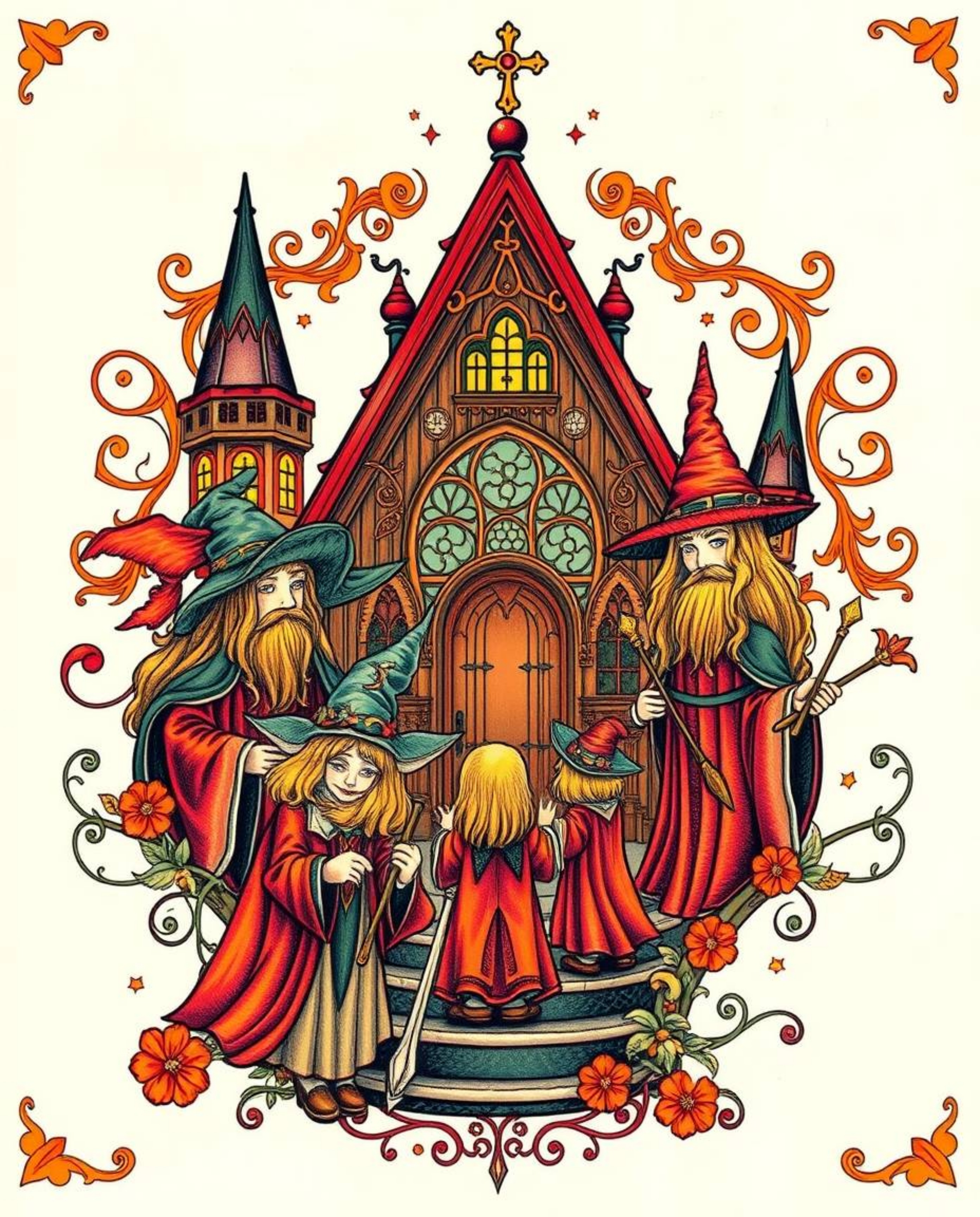 This symbolic traditional tattoo art print showcases a magical school brimming with young wizards, rendered in vibrant colors