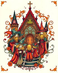 This symbolic traditional tattoo art print showcases a magical school brimming with young wizards, rendered in vibrant colors