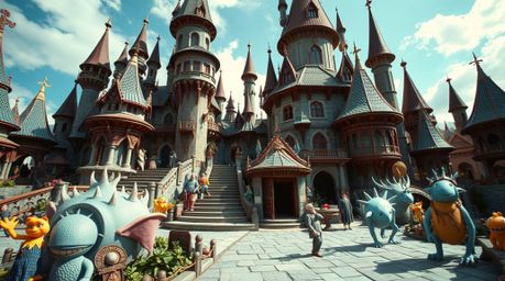 Capture the enchanting beauty of a fantasy kingdom with this architectural photograph, showcasing its quirky magical creature
