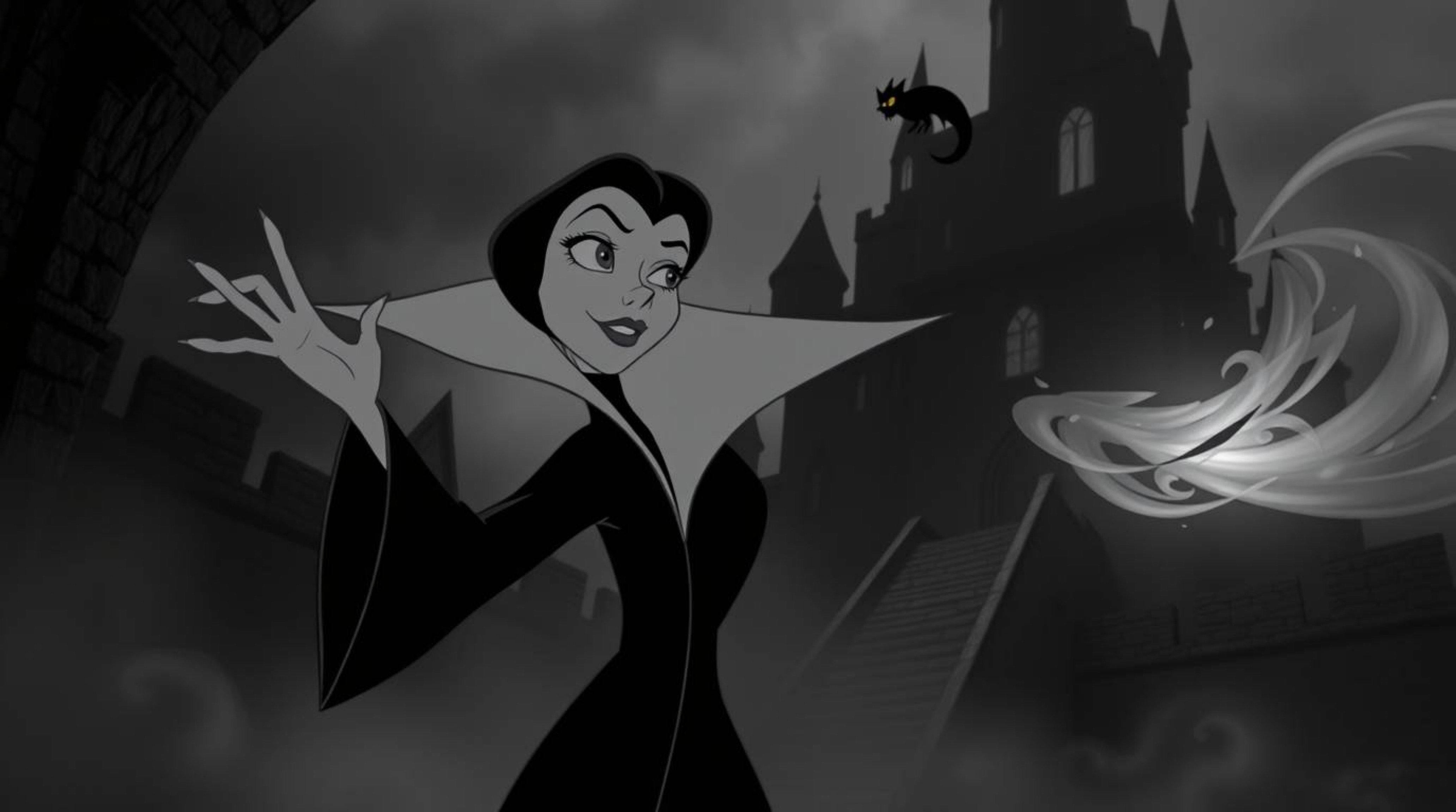 A classic Disney villain with delicate features is captured casting a spell within the ancient walls of an old castle. Render