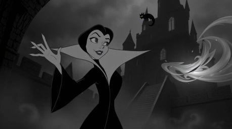 A classic Disney villain with delicate features is captured casting a spell within the ancient walls of an old castle. Render
