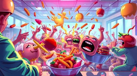 Witness a spectacularly vibrant and chaotic cartoon food fight erupting in a glossy, iridescent cafeteria!  Experience exagge