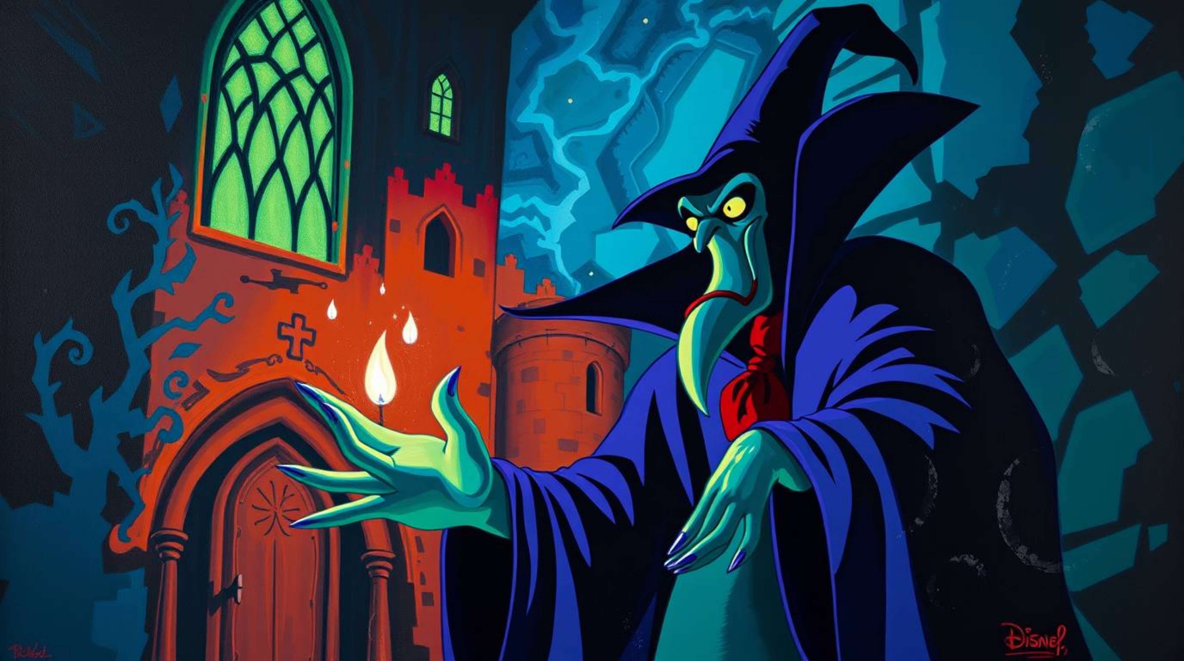 This bold acrylic painting captures a classic Disney villain casting a spell within an old castle. The artwork utilizes cool 