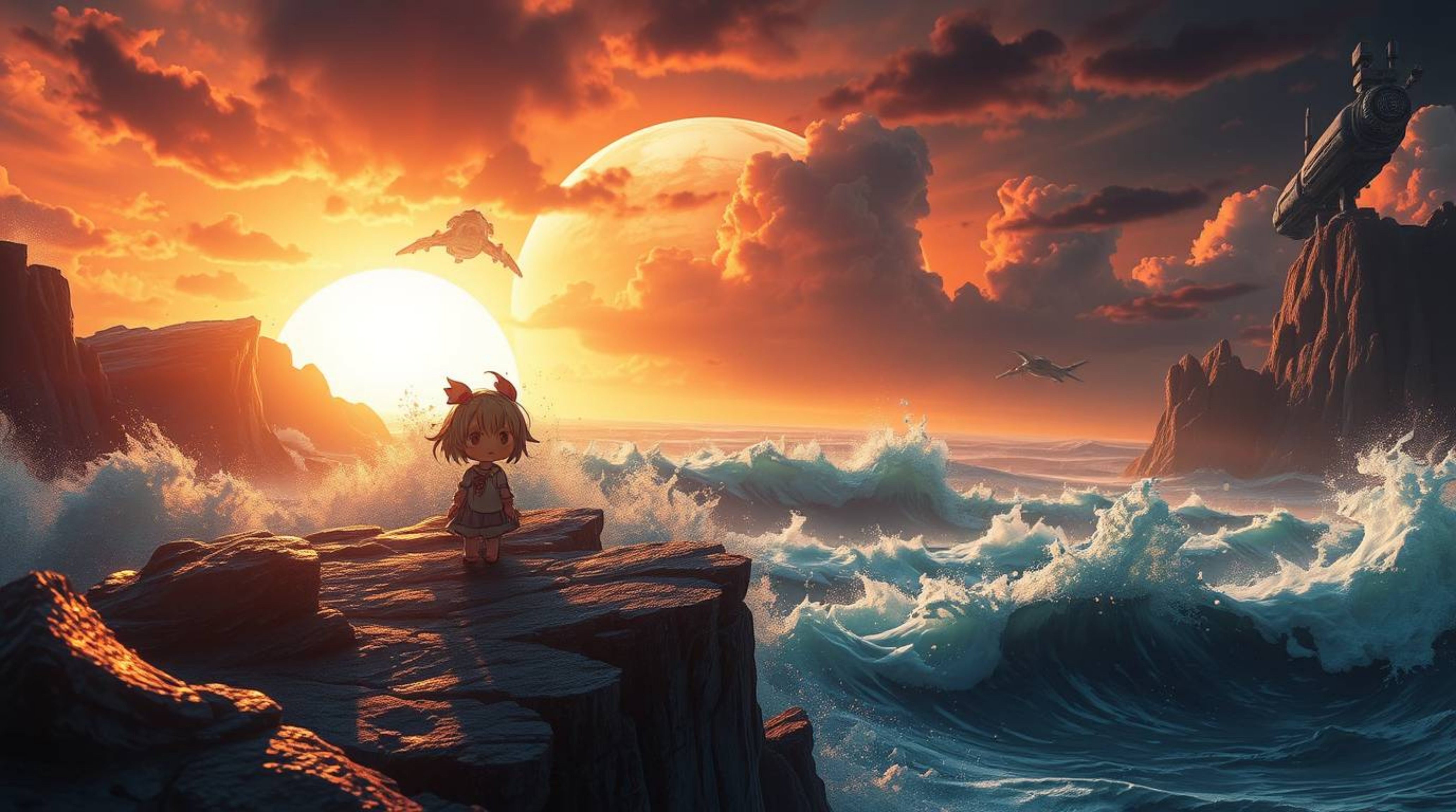 Experience an intense and dramatic futuristic sci-fi scene featuring an adorable, charming character amidst waves crashing on