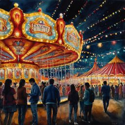 Immerse yourself in the vibrant energy of a bustling carnival with this colorful ink and watercolor painting. Capturing the e
