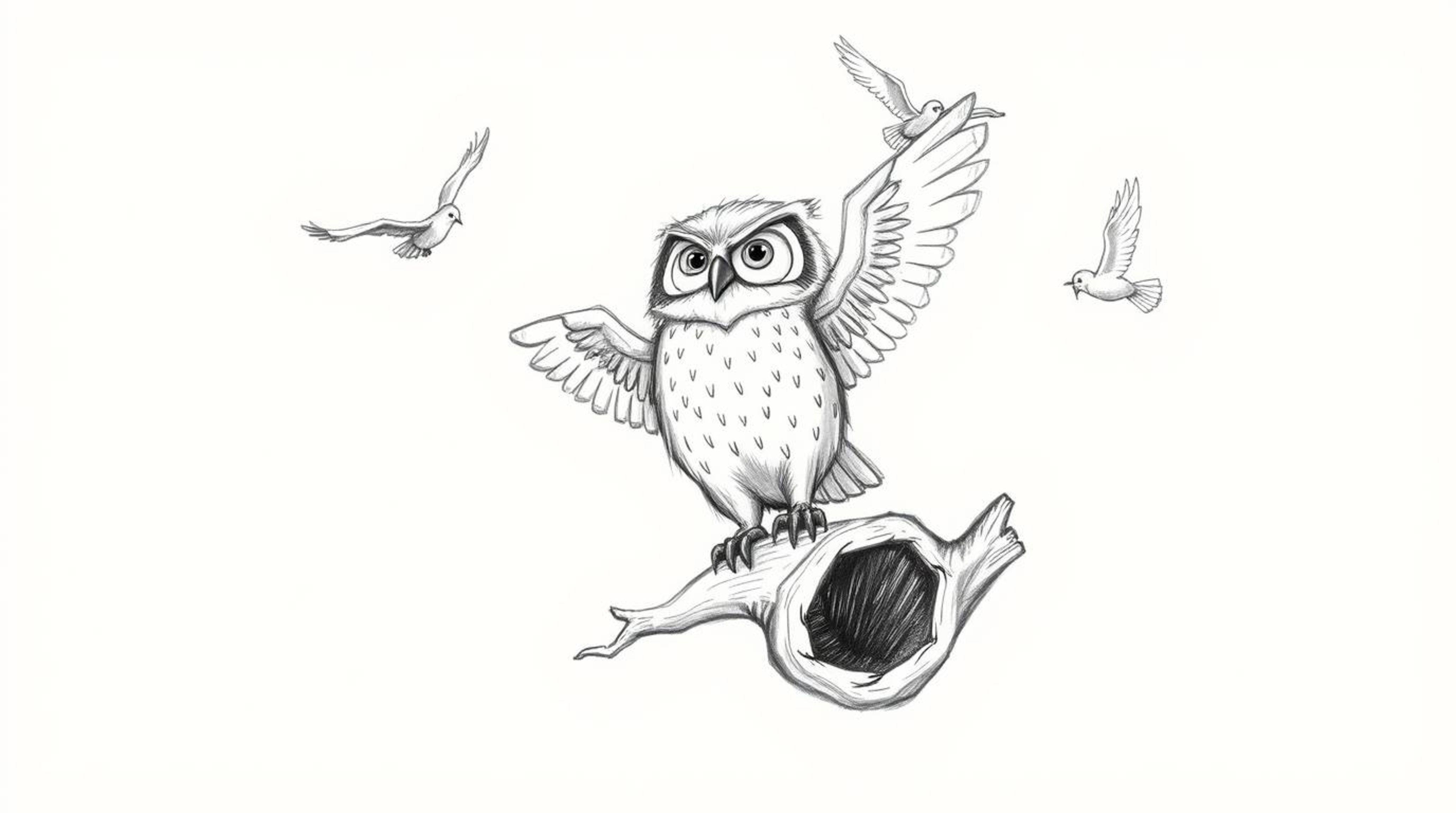 A heartwarming hand-drawn sketch in the style of Pixar portrays a wise, blind owl perched on a hollow branch, passionately te