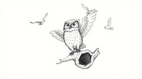 A heartwarming hand-drawn sketch in the style of Pixar portrays a wise, blind owl perched on a hollow branch, passionately te