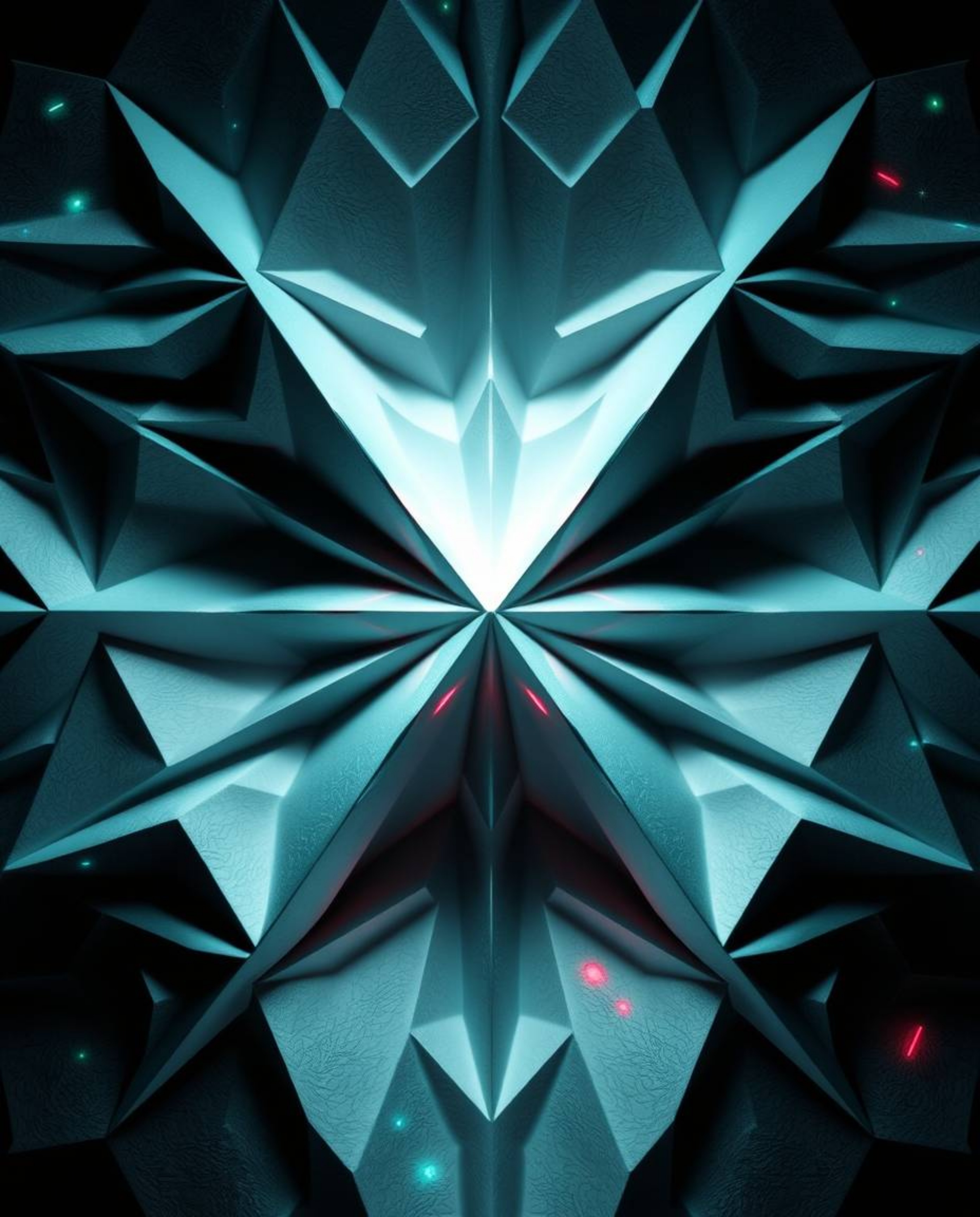 Discover a captivating monochrome 3D rendering of a geometric pattern resembling folded paper. This surreal artwork features 