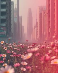 Explore the surreal beauty of nature reclaiming a post-apocalyptic cityscape. Witness a smooth gradient transition as vibrant