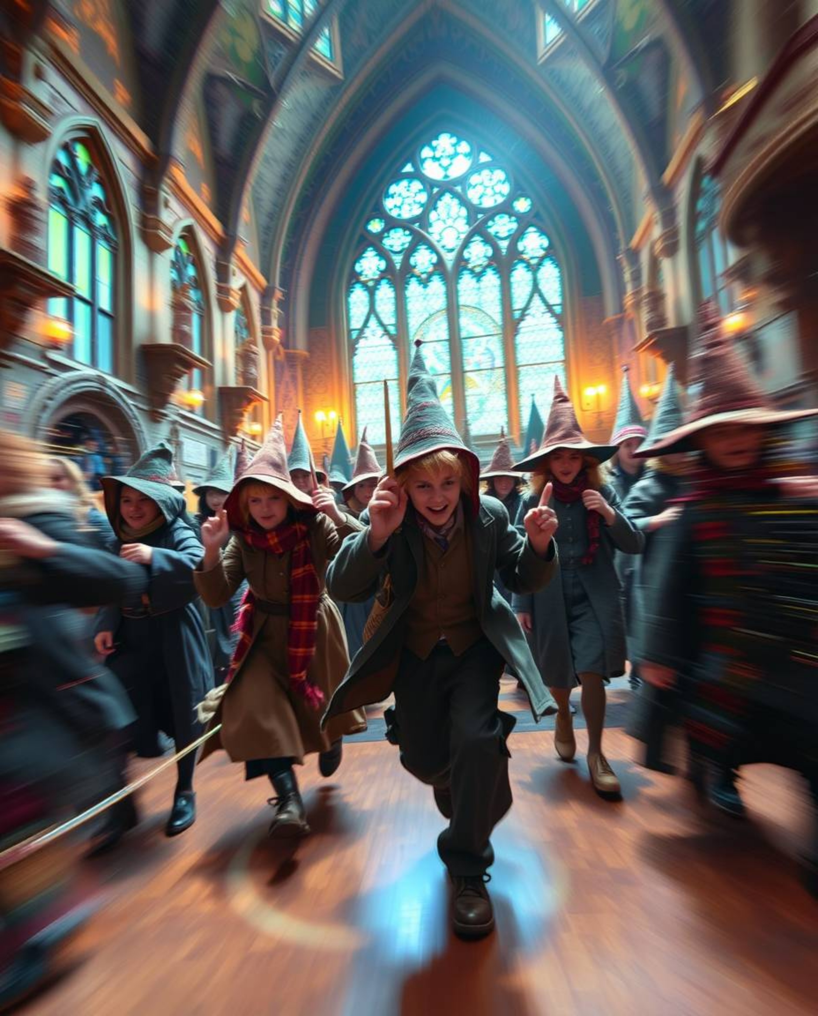 Explore a magical school brimming with young wizards, brought to life with iridescent reflections and blurred lines creating 