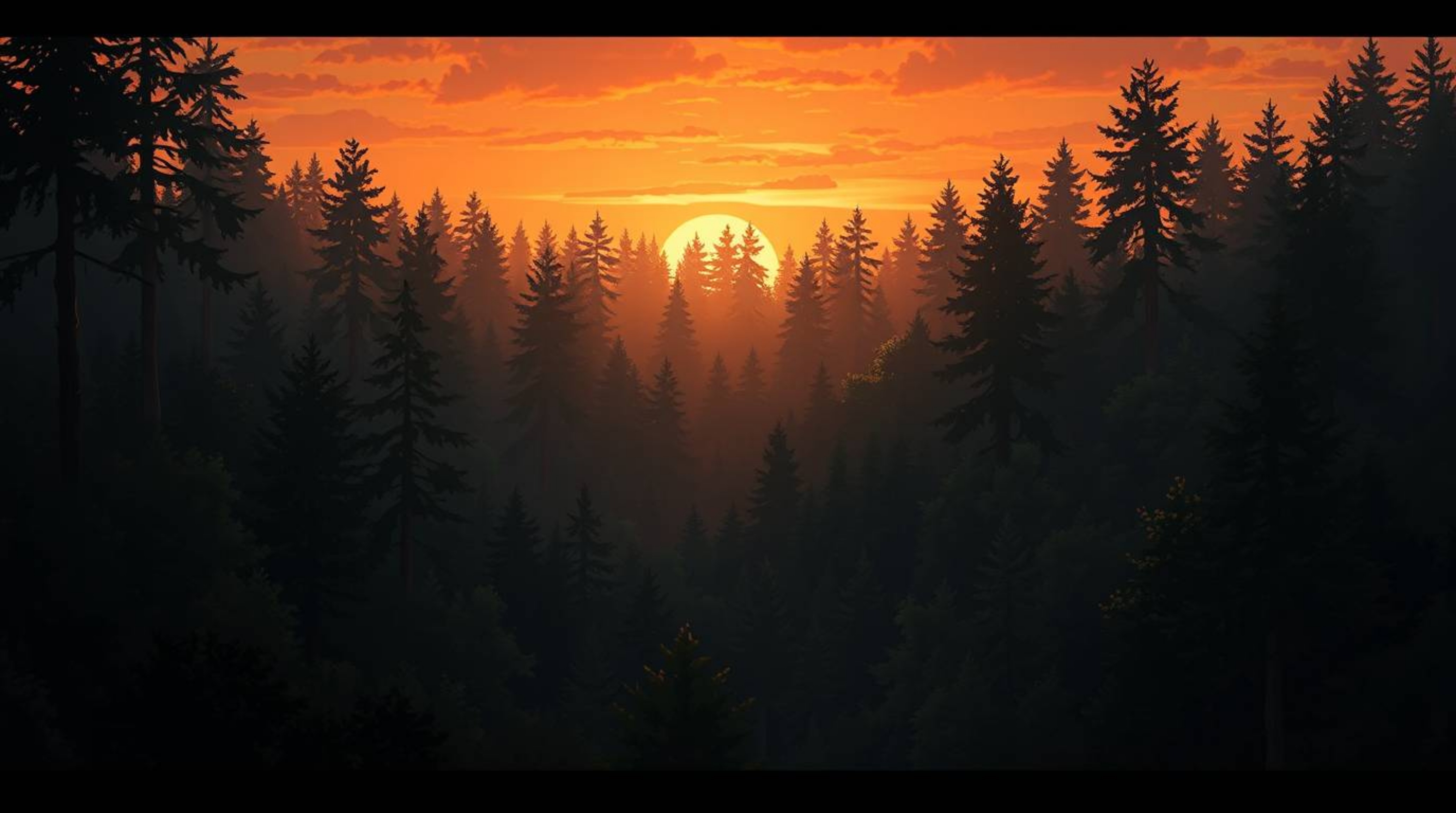 A captivating digital painting showcases a dense forest bathed in the warm glow of a sunset.  Rendered in a strong, moody sty