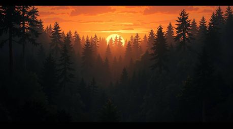 A captivating digital painting showcases a dense forest bathed in the warm glow of a sunset.  Rendered in a strong, moody sty