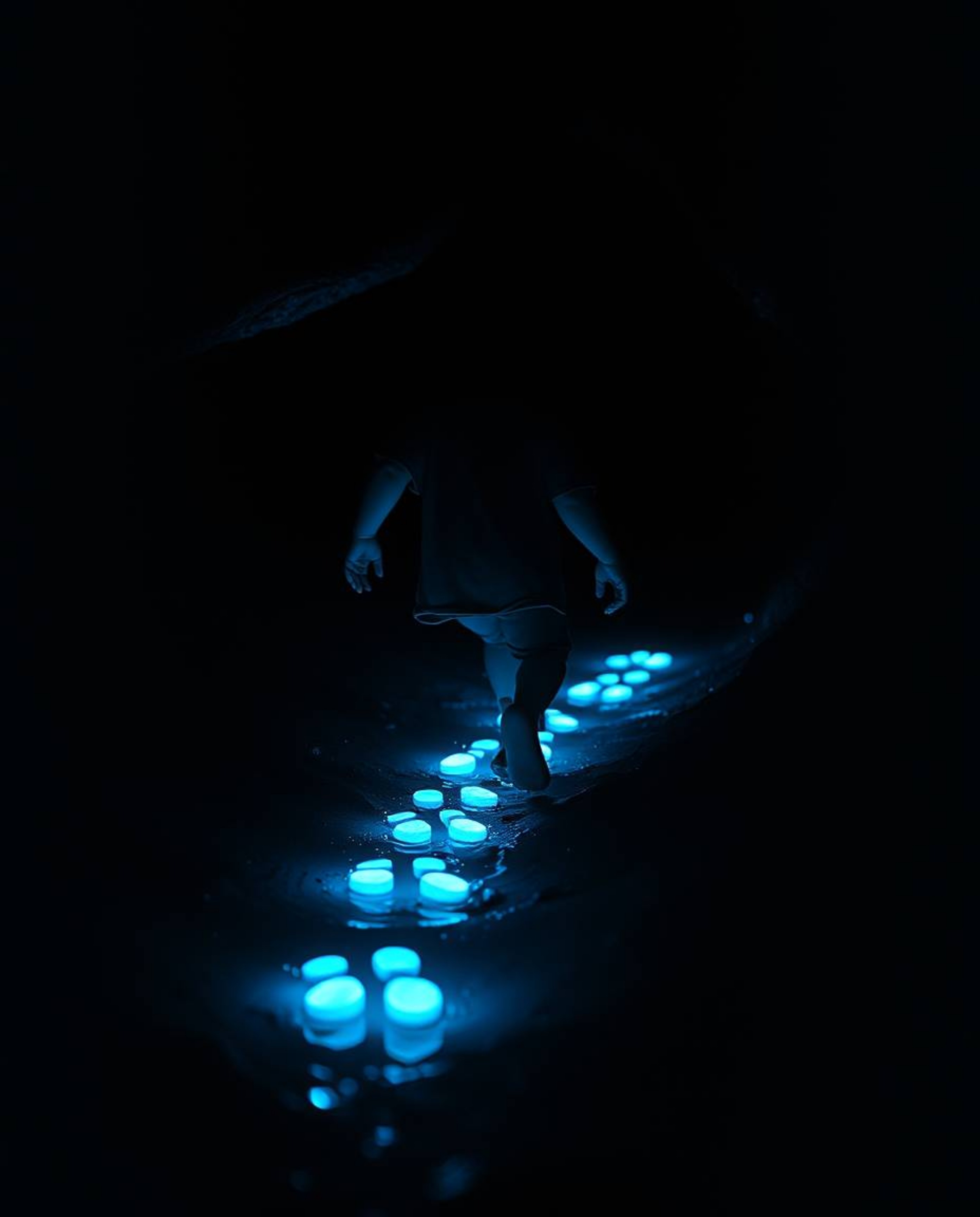 A captivating image of a child with dark hair and light skin venturing into a dark cave, guided by a trail of luminous blue f