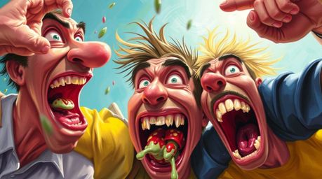 This artwork captures a bright and vibrant gross-out comedy moment with exaggerated and lively expressions, rendered with ene