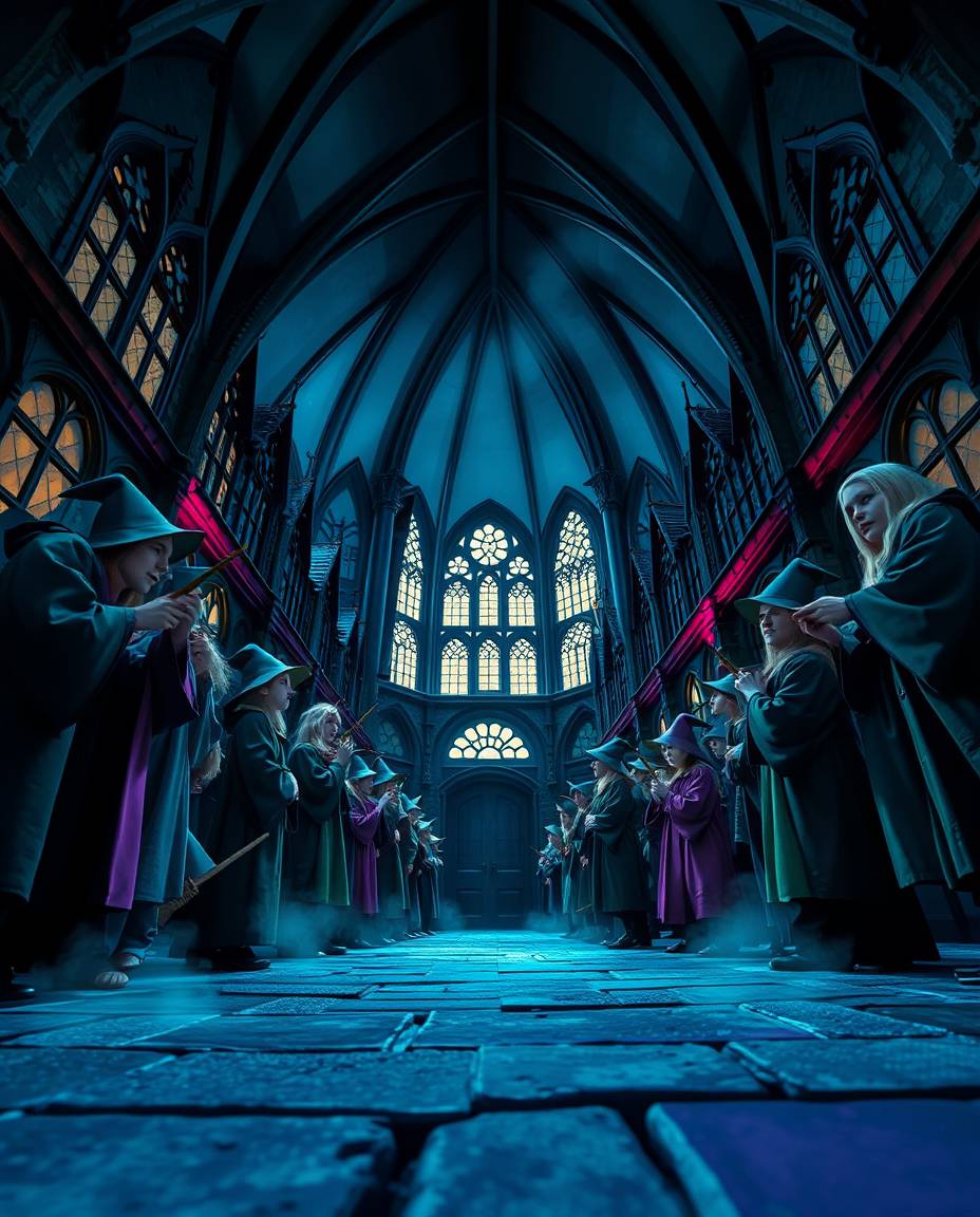 This enchanting low-angle perspective showcases a magical school teeming with young wizards, bathed in cool hues of blues, gr