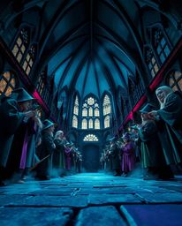 This enchanting low-angle perspective showcases a magical school teeming with young wizards, bathed in cool hues of blues, gr