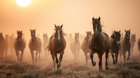A stunning landscape photograph depicting a herd of wild horses running freely under a glowing sunset sky.  The image feature