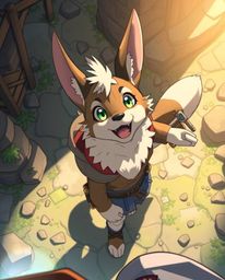 Experience a captivating high-angle anime-style scene featuring a talking animal sidekick assisting a hero on their epic jour