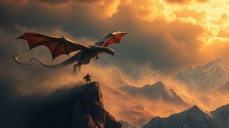 Experience the intense drama of a dragon and its rider soaring above icy mountains under a stormy autumnal sky.  Warm earthy 