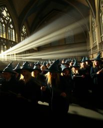 A captivating long-exposure photograph depicts a magical school brimming with young wizards.  The image showcases strong, har