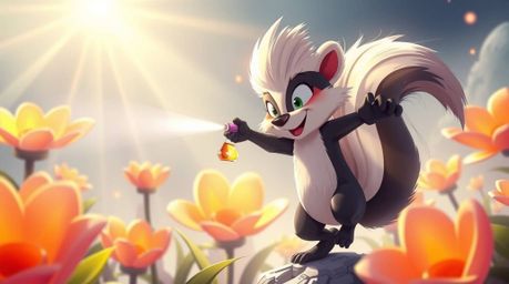 A heroic cartoon skunk is captured in a dynamic scene, spraying perfume onto giant, glowing flowers in a futuristic setting. 