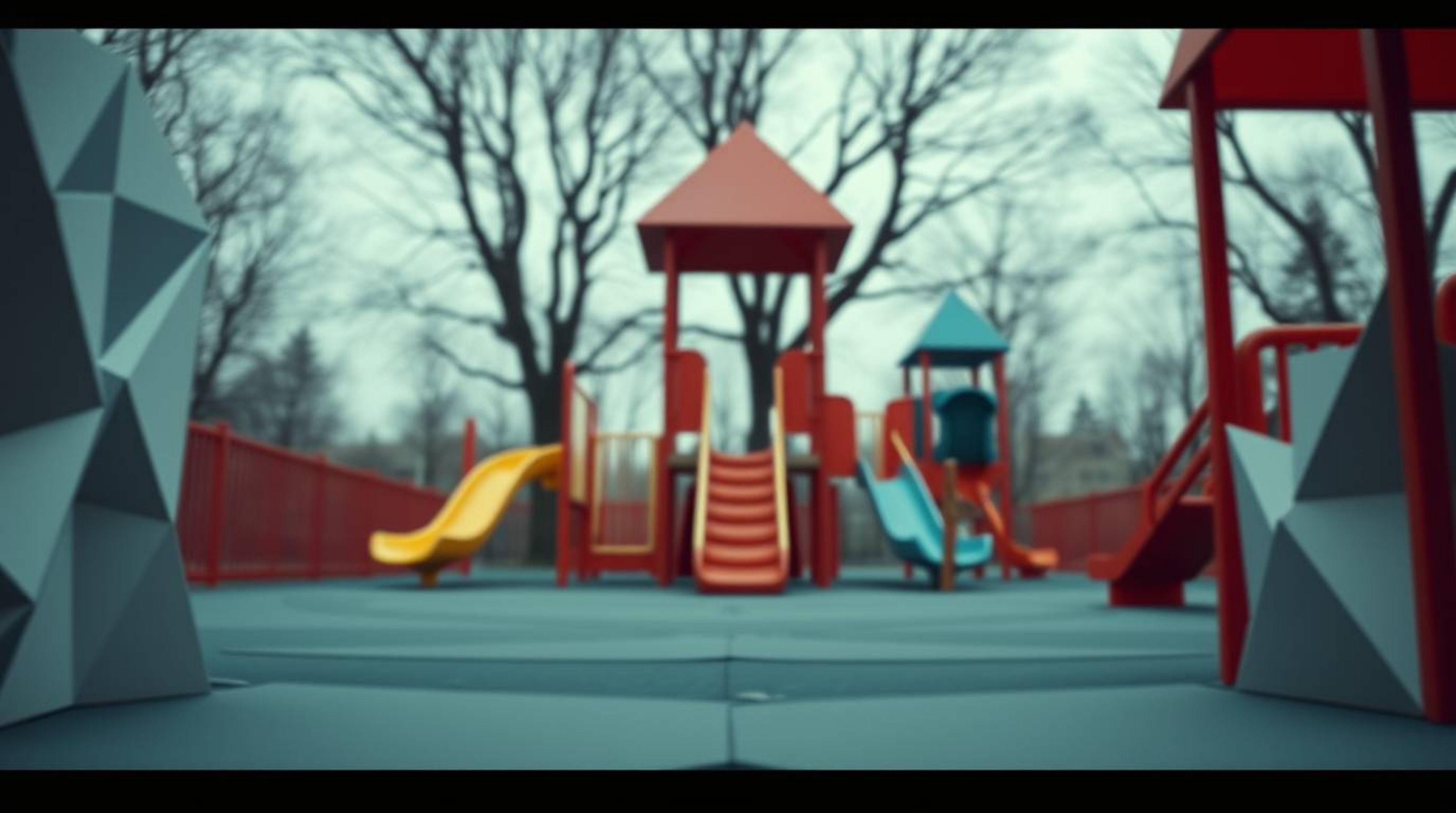 Experience a breathtaking slow-motion run through a playground, meticulously crafted in an intricate origami style.  This vis