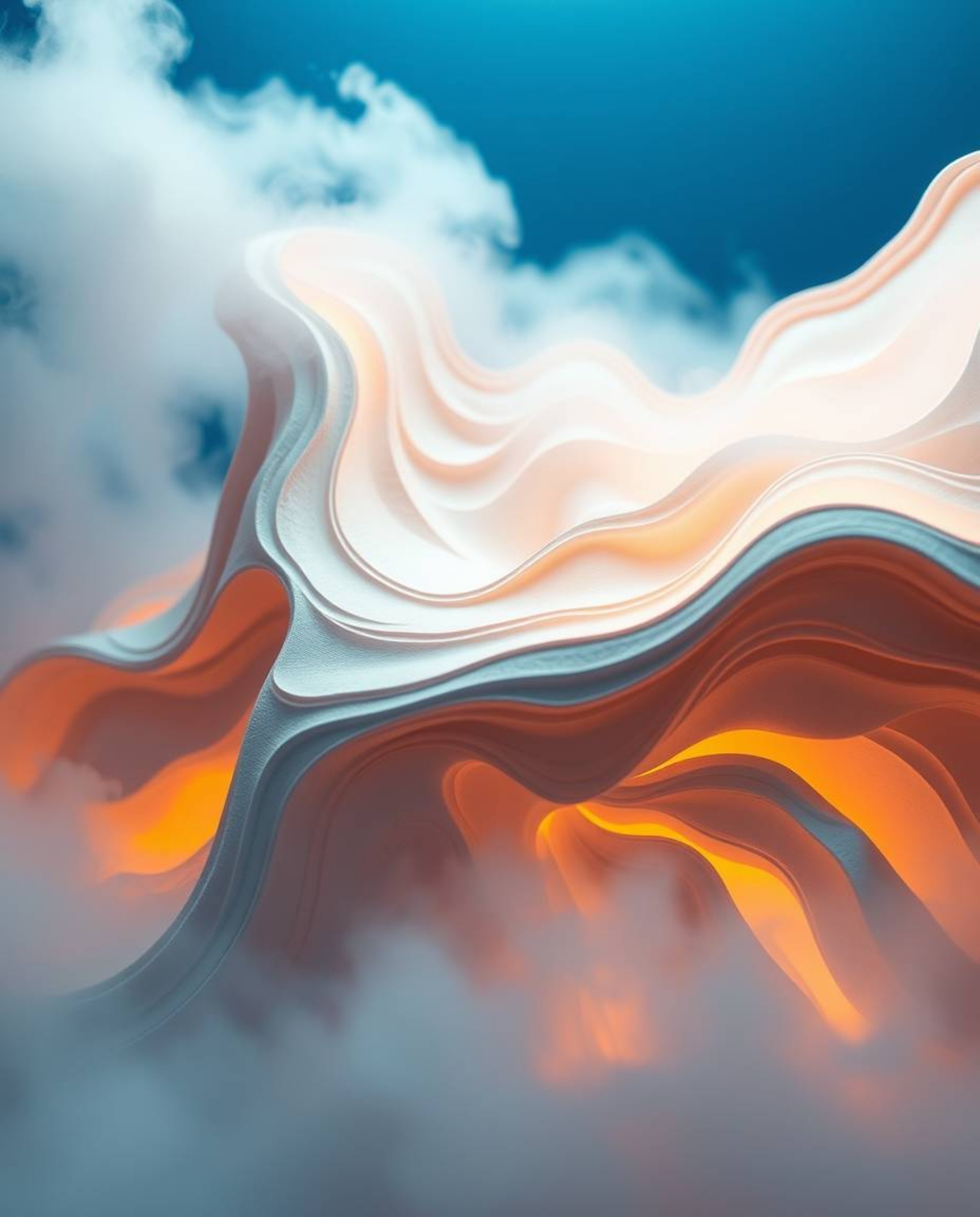 Explore the captivating world of layered papier-mâché art, showcasing futuristic 3D fluid shapes with glowing edges set again