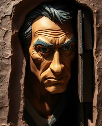 A captivating layered papier-mâché artwork depicting a person with strong, tan features discovering a hidden underground libr