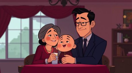 Experience a sophisticated and elegant Pixar-style family reunion rendered in rich burgundy and deep blue hues. This heartfel