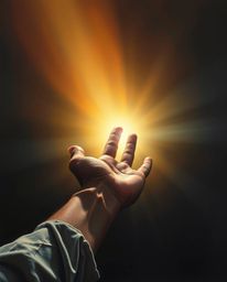A captivating oil painting depicts a hand emerging from darkness towards a light source.  The artwork showcases smooth gradie