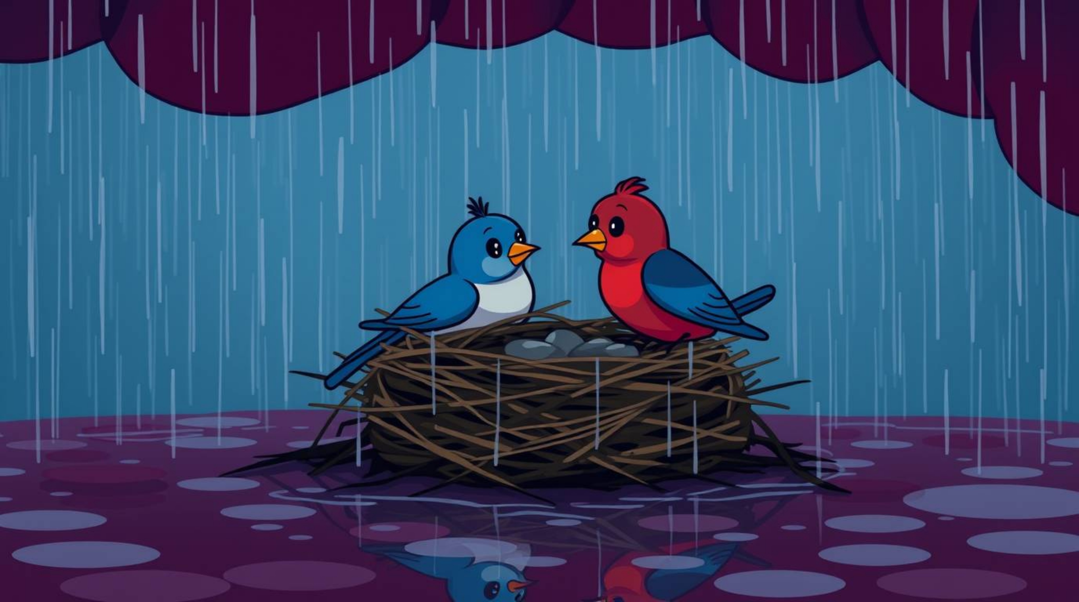 Delightful animation showcasing two cartoon birds meticulously building a nest in a sophisticated, elegant setting.  The scen