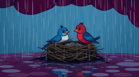Delightful animation showcasing two cartoon birds meticulously building a nest in a sophisticated, elegant setting. The scen