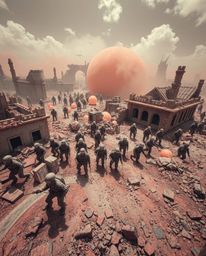 A high-angle perspective captures a surreal battlefield scene featuring time-warped soldiers and decaying structures, rendere