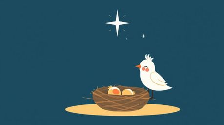 This illustration showcases two cartoon birds diligently building their nest in a modern, flat design style reminiscent of cl