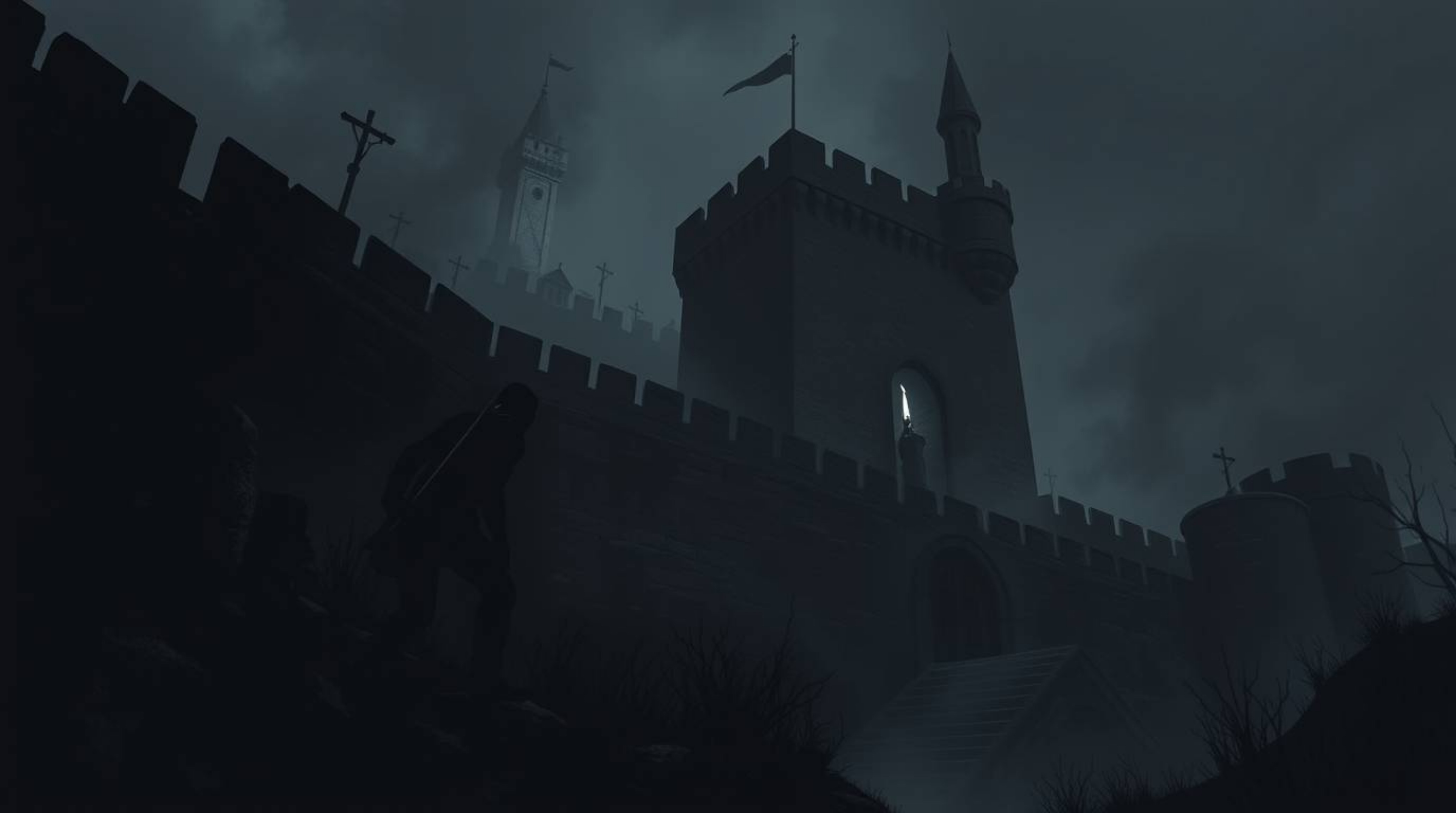 A thief attempts a daring infiltration of a heavily guarded castle, rendered in striking jet black with pure black tones and 