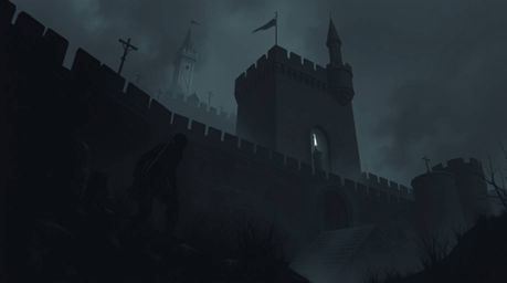 A thief attempts a daring infiltration of a heavily guarded castle, rendered in striking jet black with pure black tones and 