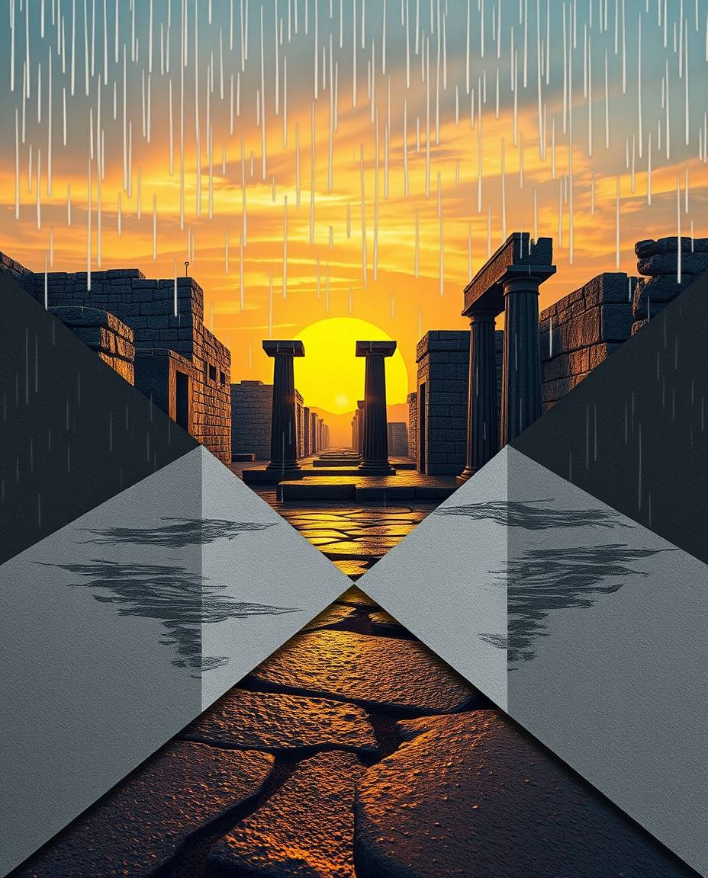 An intricate origami-style image depicts a wet, rainy scene showing ancient stone ruins with a sunset casting long shadows. T