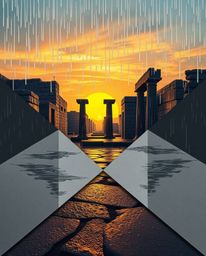 An intricate origami-style image depicts a wet, rainy scene showing ancient stone ruins with a sunset casting long shadows. T